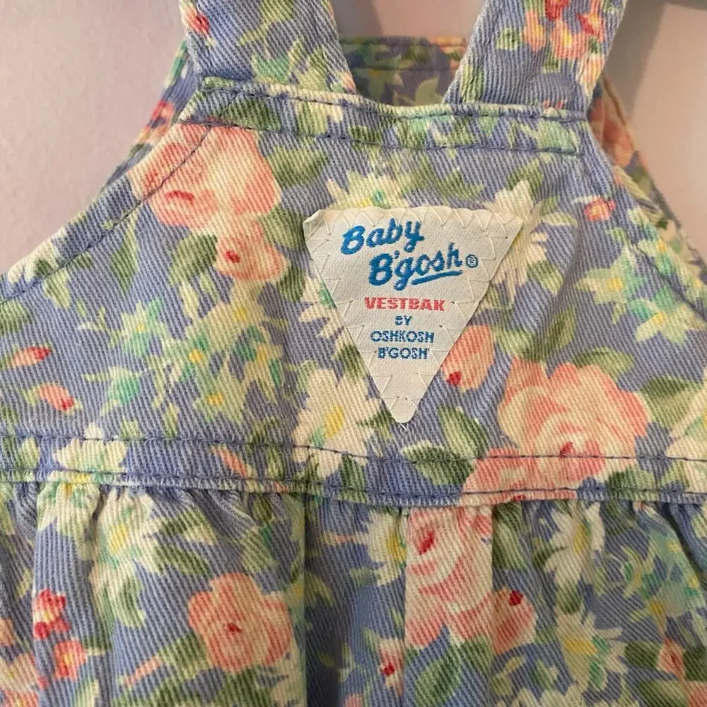 Oshkosh Baby B'gosh Vintage 90s Blue Pink Floral Overall Romper Girls' 3/6 Month